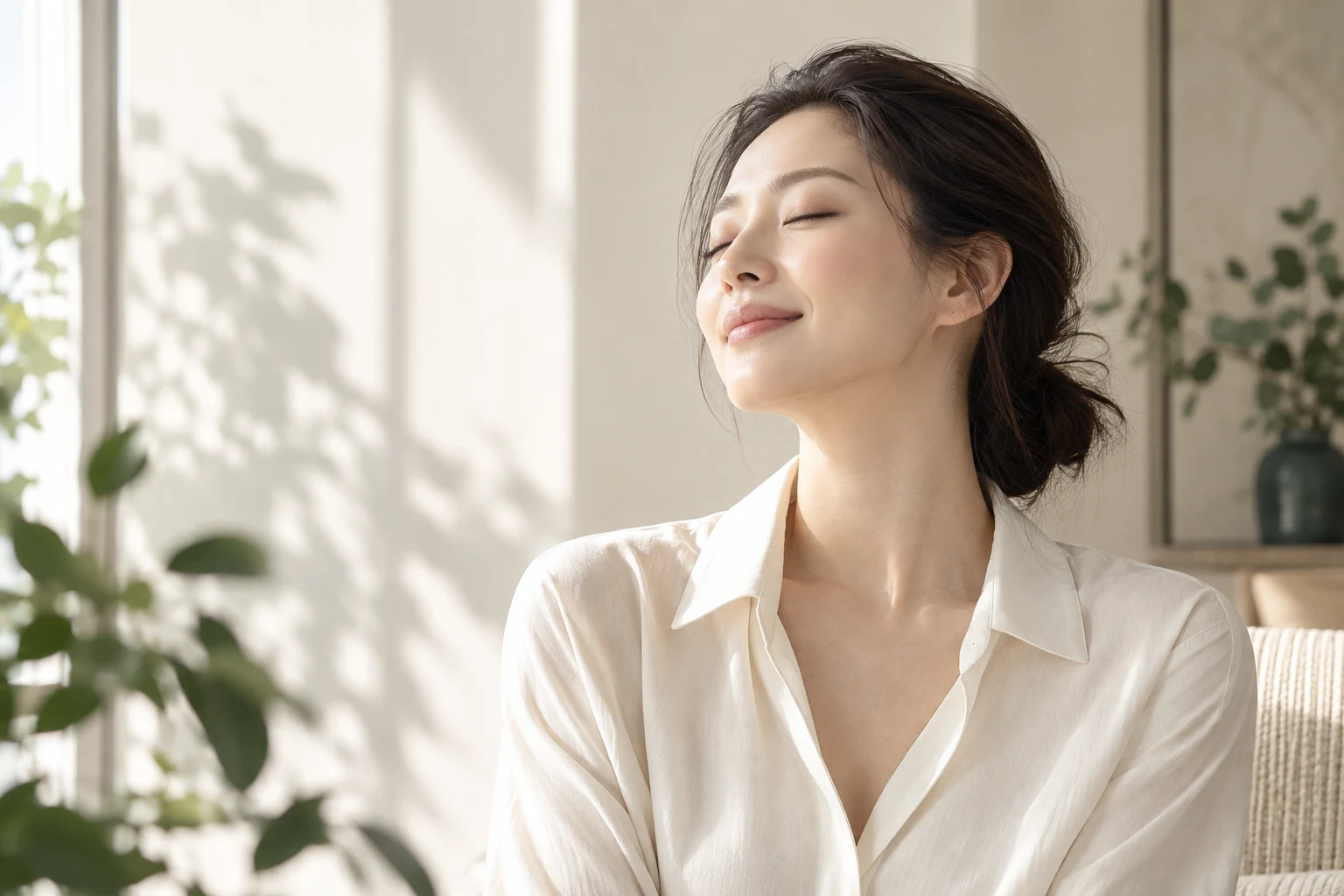 品牌意境:一位女性在柔和日光中从容微笑